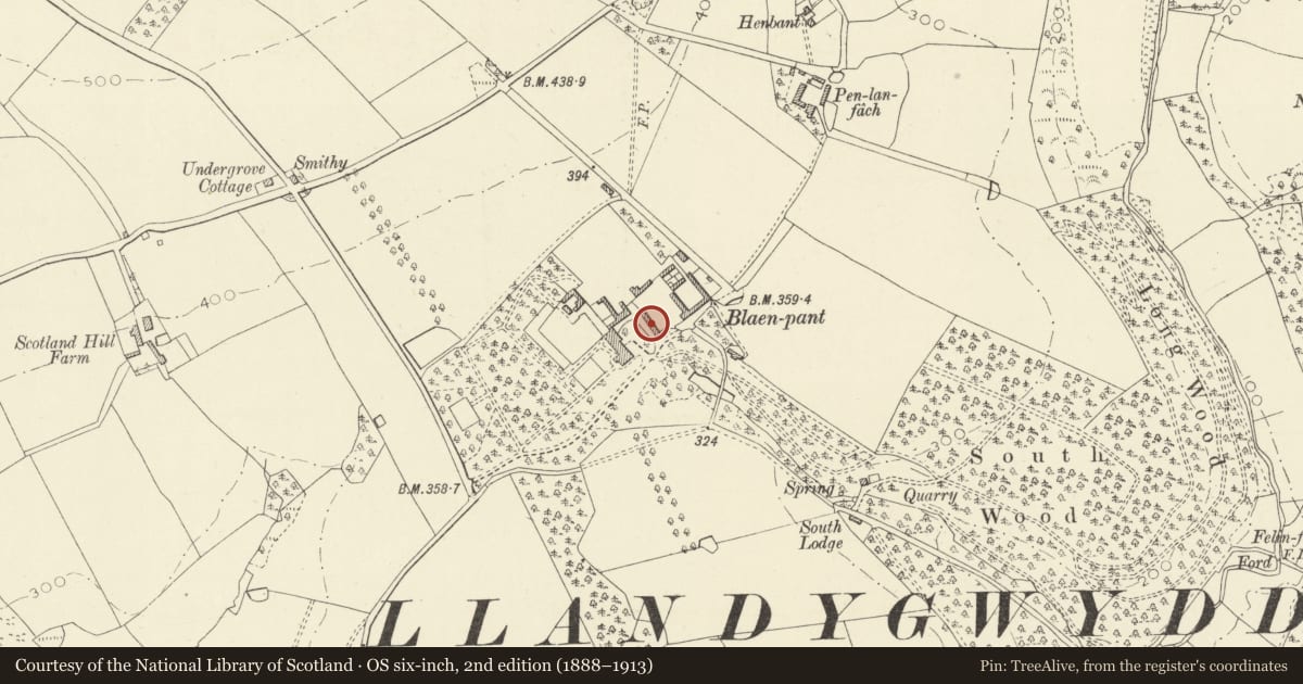 Ordnance Survey six-inch map, 2nd edition (1888–1913) covering the location of Barn Range at Blaenpant Farm, Beulah, Ceredigion, with a pin at the register's coordinates