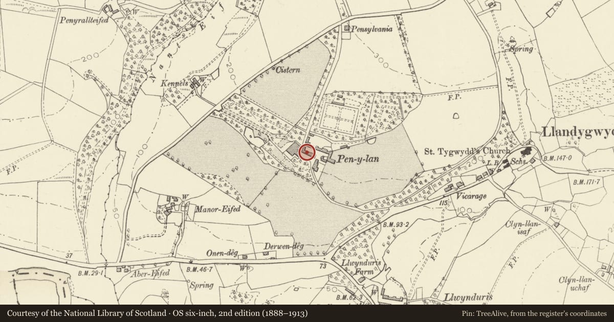 Ordnance Survey six-inch map, 2nd edition (1888–1913) covering the location of Coach-House to E of Penylan, Beulah, Ceredigion, with a pin at the register's coordinates