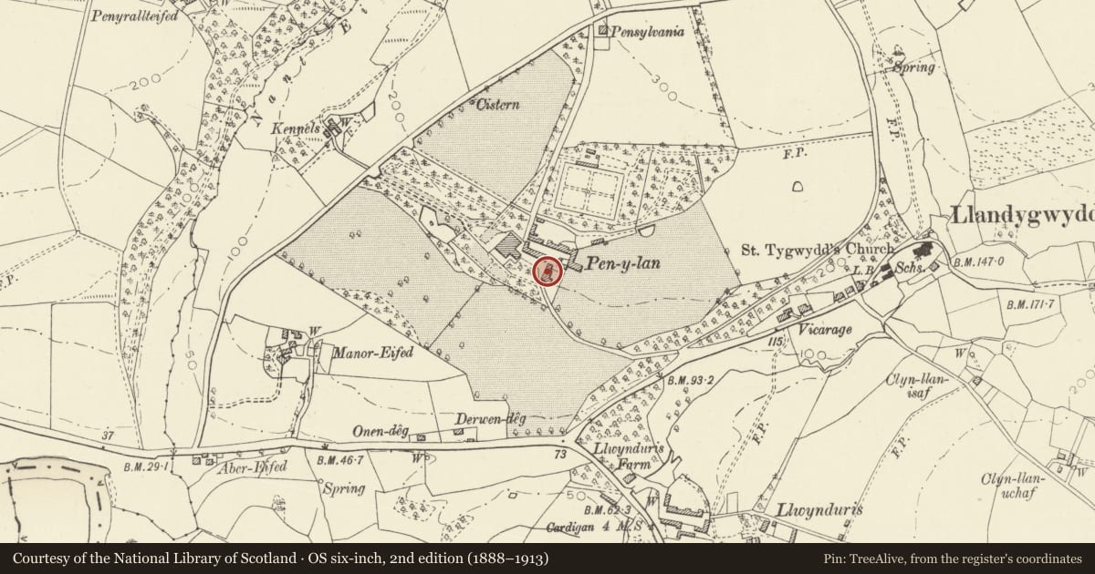 Ordnance Survey six-inch map, 2nd edition (1888–1913) covering the location of Oakhill, Penylan, Beulah, Ceredigion, with a pin at the register's coordinates