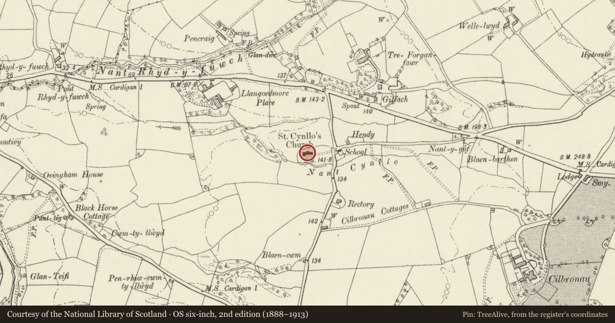 Ordnance Survey six-inch map, 2nd edition (1888–1913) covering the location of Church of St Cynllo, Llangoedmor, Ceredigion, with a pin at the register's coordinates