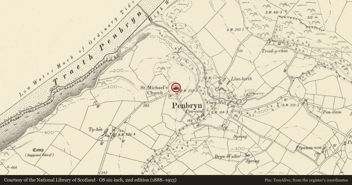 Ordnance Survey six-inch map, 2nd edition (1888–1913) covering the location of Church of St Michael, Penbryn, Ceredigion, with a pin at the register's coordinates