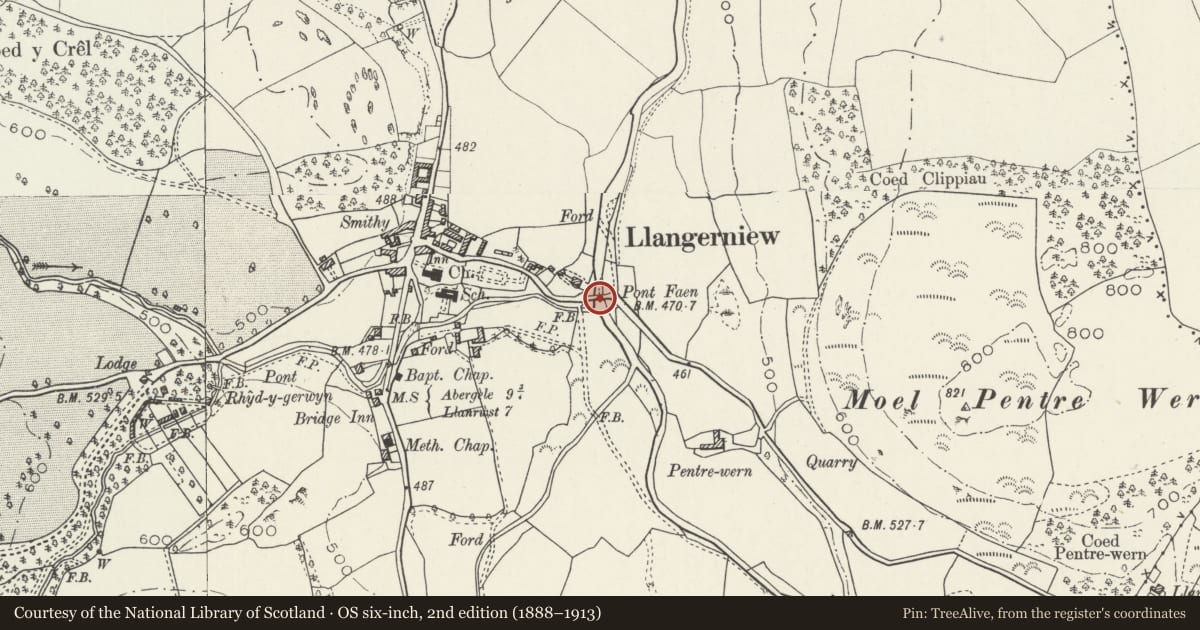 Ordnance Survey six-inch map, 2nd edition (1888–1913) covering the location of Pont Faen, Llangernyw, Conwy, with a pin at the register's coordinates
