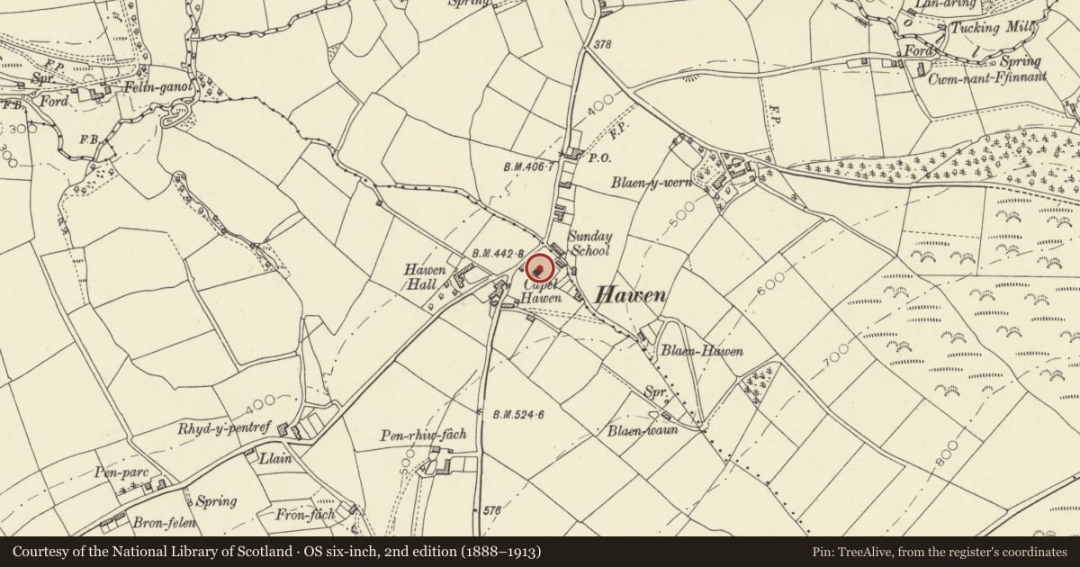 Ordnance Survey six-inch map, 2nd edition (1888–1913) covering the location of Hawen Independent Chapel, Troedyraur, Ceredigion, with a pin at the register's coordinates