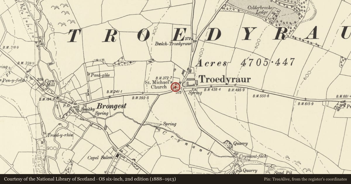 Ordnance Survey six-inch map, 2nd edition (1888–1913) covering the location of Lychgate at Church of St Michael, Troedyraur, Ceredigion, with a pin at the register's coordinates