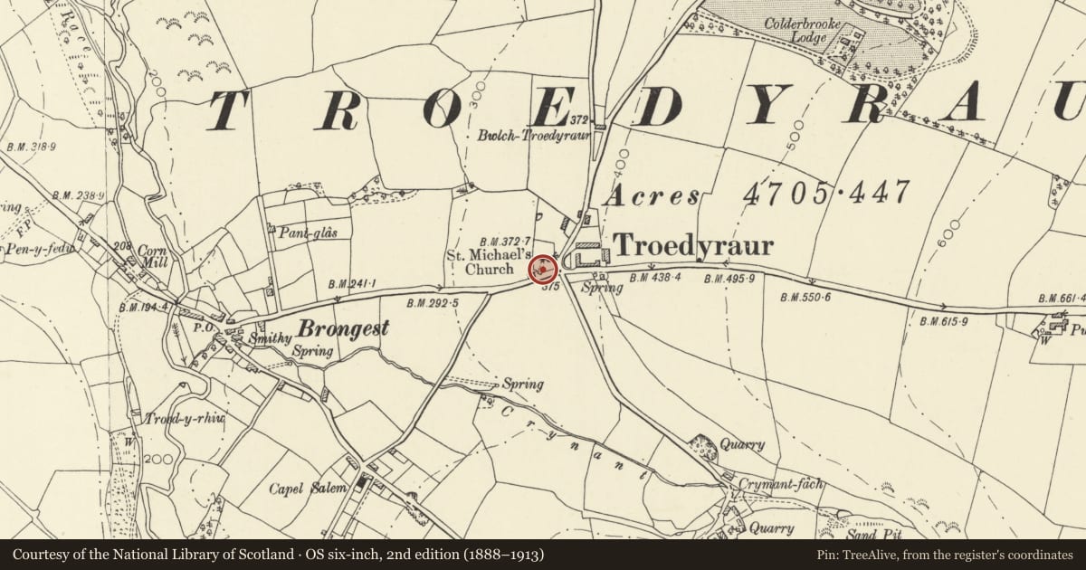 Ordnance Survey six-inch map, 2nd edition (1888–1913) covering the location of Mounting Block at Churchyard of Church of St Michael, Troedyraur, Ceredigion, with a pin at the register's coordinates