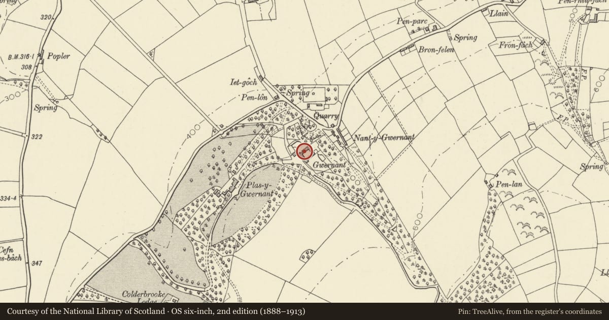 Ordnance Survey six-inch map, 2nd edition (1888–1913) covering the location of Gwernant Farmhouse and attached Farm Ranges, Troedyraur, Ceredigion, with a pin at the register's coordinates
