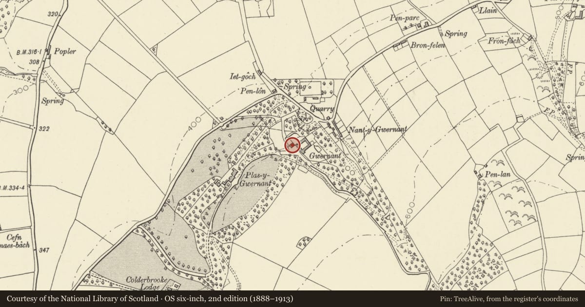 Ordnance Survey six-inch map, 2nd edition (1888–1913) covering the location of Cartshed at Gwernant Farm, Troedyraur, Ceredigion, with a pin at the register's coordinates