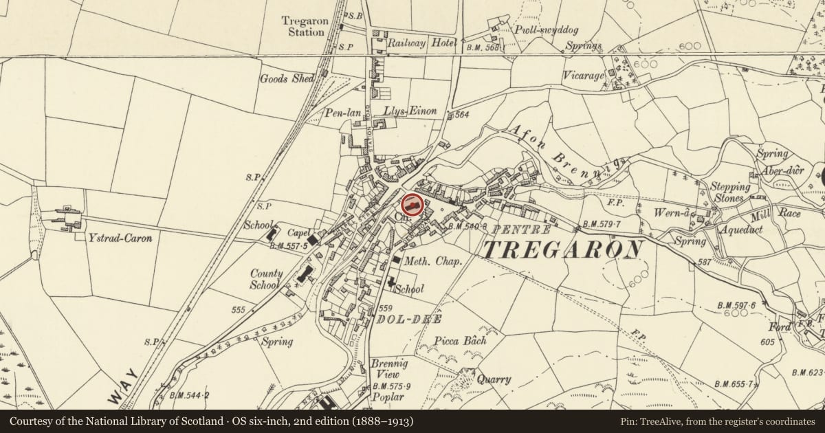 Ordnance Survey six-inch map, 2nd edition (1888–1913) covering the location of Church of Saint Caron, Tregaron, Ceredigion, with a pin at the register's coordinates