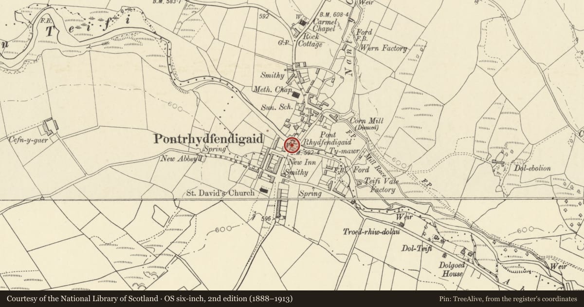 Ordnance Survey six-inch map, 2nd edition (1888–1913) covering the location of Pont Rhydfendigaid, Ystrad Fflur, Ceredigion, with a pin at the register's coordinates