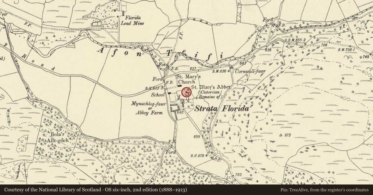 Ordnance Survey six-inch map, 2nd edition (1888–1913) covering the location of Strata Florida Abbey ruins, Ystrad Fflur, Ceredigion, with a pin at the register's coordinates