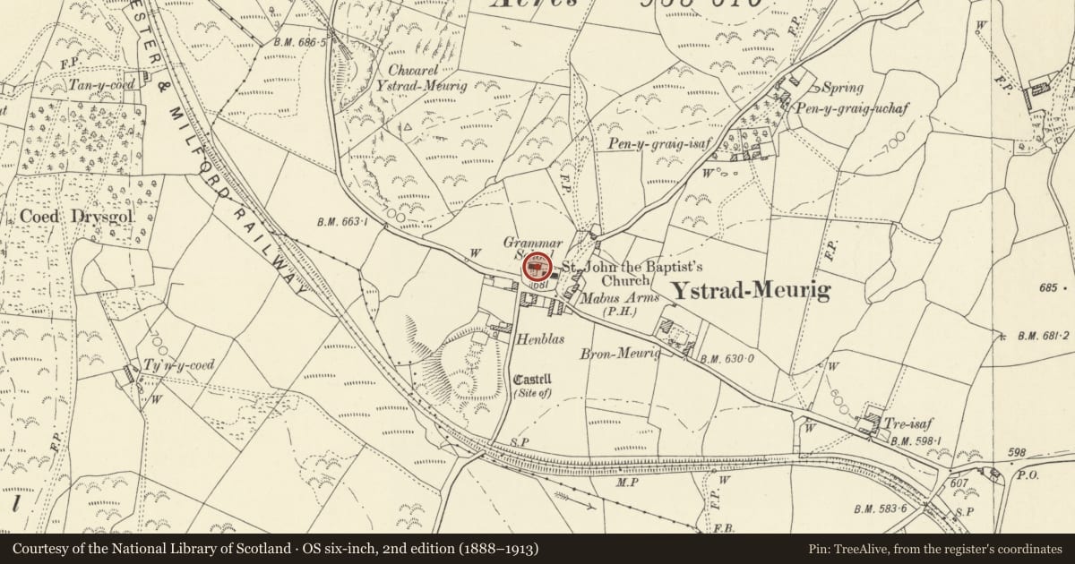 Ordnance Survey six-inch map, 2nd edition (1888–1913) covering the location of Edward Richard Old Grammar School, Ystrad Meurig, Ceredigion, with a pin at the register's coordinates