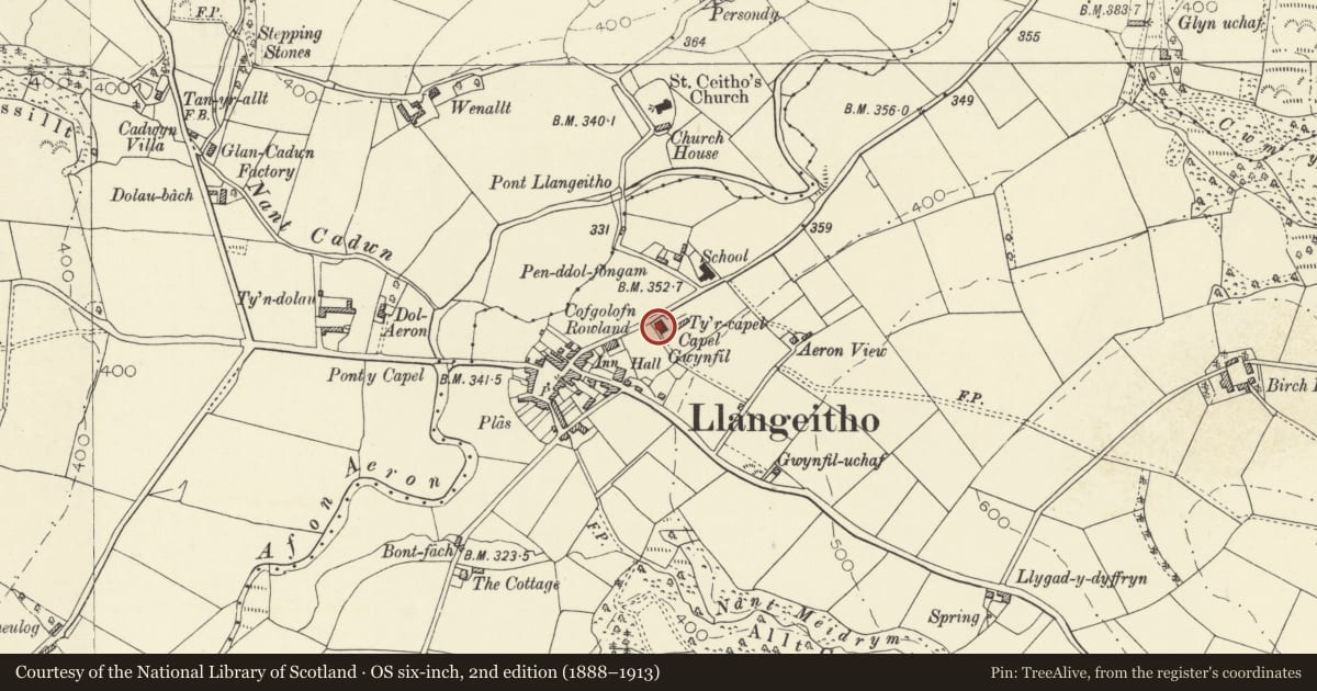 Ordnance Survey six-inch map, 2nd edition (1888–1913) covering the location of Capel Gwynfil, Llangeitho, Ceredigion, with a pin at the register's coordinates