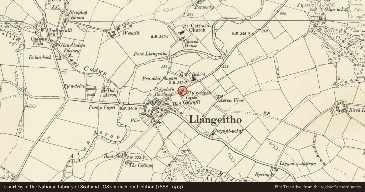 Ordnance Survey six-inch map, 2nd edition (1888–1913) covering the location of Statue of Daniel Rowland at Capel Gwynfil, Llangeitho, Ceredigion, with a pin at the register's coordinates