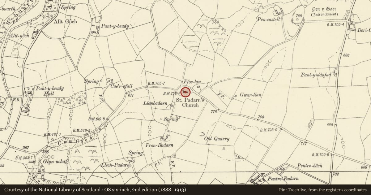Ordnance Survey six-inch map, 2nd edition (1888–1913) covering the location of Church of St Padarn, Llangeitho, Ceredigion, with a pin at the register's coordinates