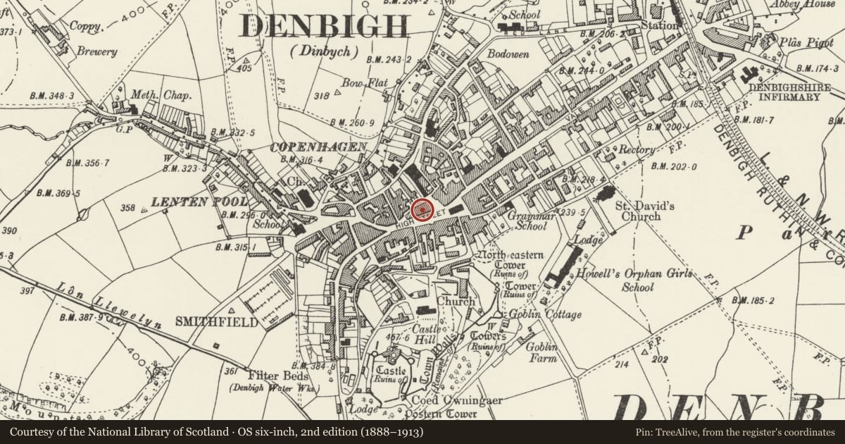 Ordnance Survey six-inch map, 2nd edition (1888–1913) covering the location of The Forum Cafe, Denbigh, Denbighshire, with a pin at the register's coordinates