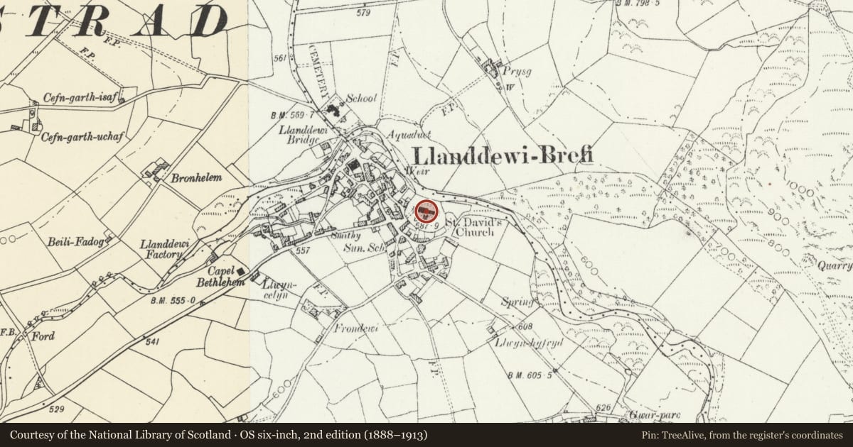 Ordnance Survey six-inch map, 2nd edition (1888–1913) covering the location of Church of Saint David, Llanddewi Brefi, Ceredigion, with a pin at the register's coordinates