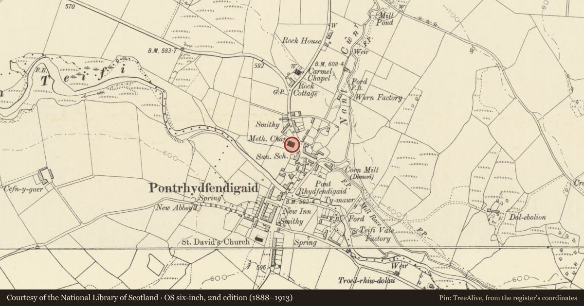 Ordnance Survey six-inch map, 2nd edition (1888–1913) covering the location of Rhydfendigaid Calvinistic Methodist Chapel, Ystrad Fflur, Ceredigion, with a pin at the register's coordinates