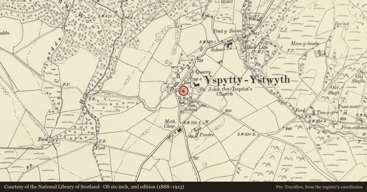 Ordnance Survey six-inch map, 2nd edition (1888–1913) covering the location of Old church of St John the Baptist, Ysbyty Ystwyth, Ceredigion, with a pin at the register's coordinates