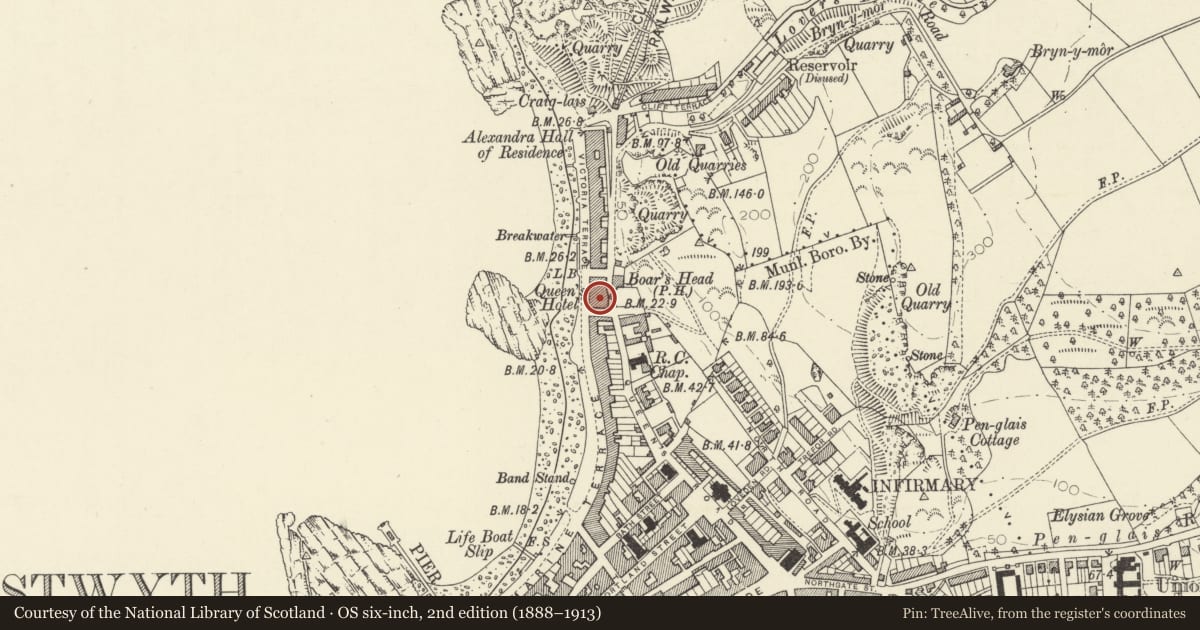 Ordnance Survey six-inch map, 2nd edition (1888–1913) covering the location of County Hall, Aberystwyth, Ceredigion, with a pin at the register's coordinates