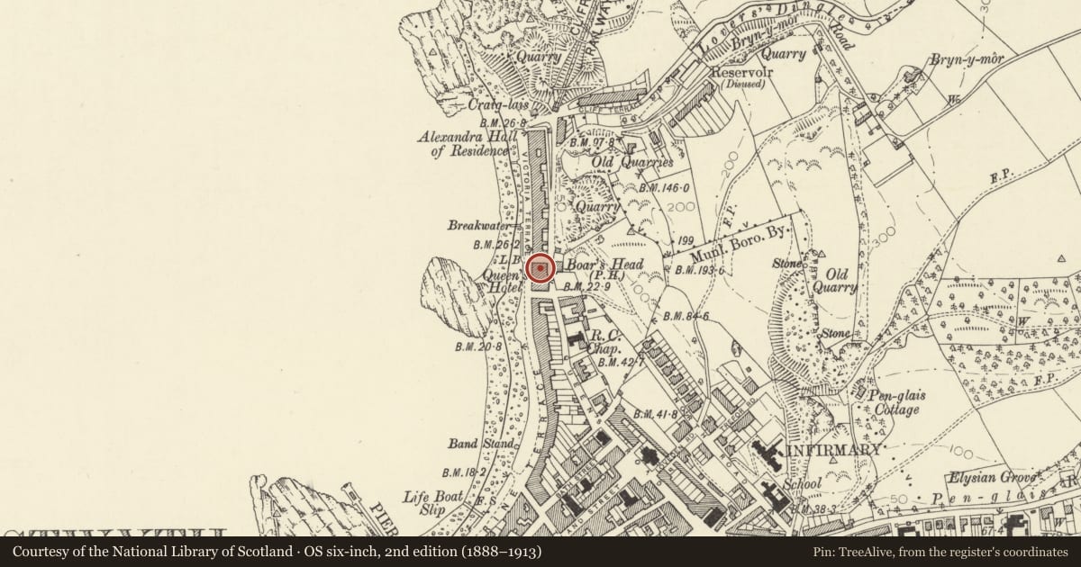 Ordnance Survey six-inch map, 2nd edition (1888–1913) covering the location of Police Station, Aberystwyth, Ceredigion, with a pin at the register's coordinates