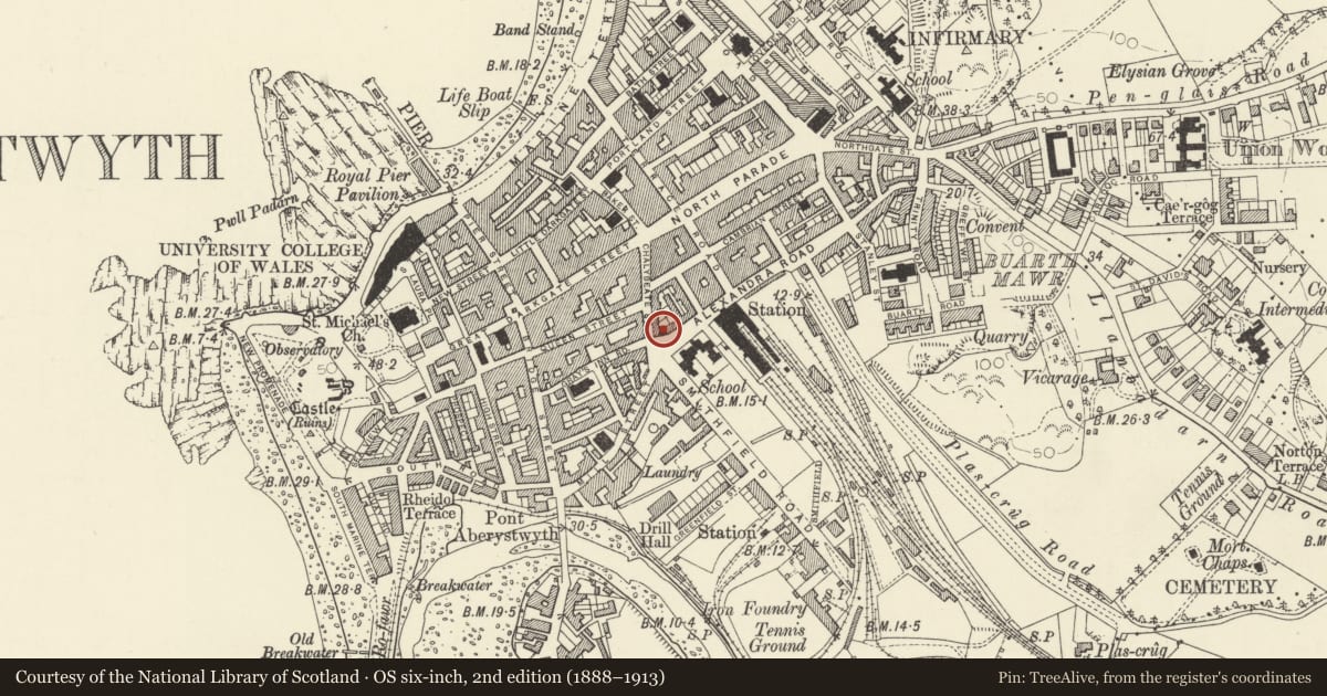 Ordnance Survey six-inch map, 2nd edition (1888–1913) covering the location of Salvation Army Citadel, Aberystwyth, Ceredigion, with a pin at the register's coordinates