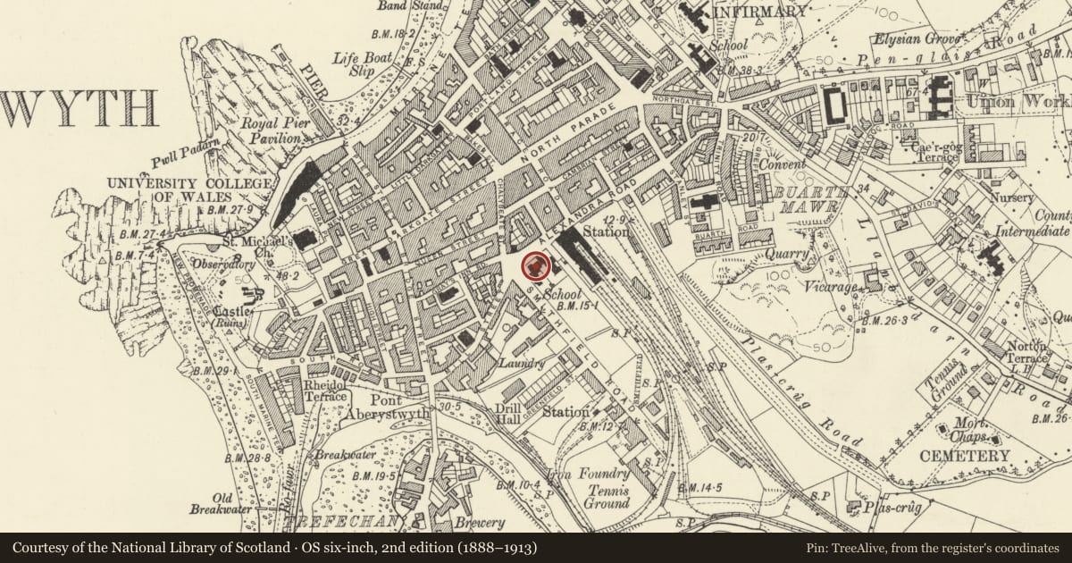 Ordnance Survey six-inch map, 2nd edition (1888–1913) covering the location of Welsh School, Aberystwyth, Ceredigion, with a pin at the register's coordinates