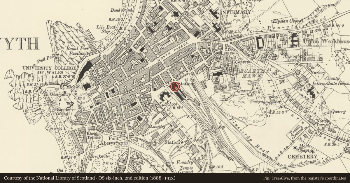 Ordnance Survey six-inch map, 2nd edition (1888–1913) covering the location of Railway Station, Aberystwyth, Ceredigion, with a pin at the register's coordinates