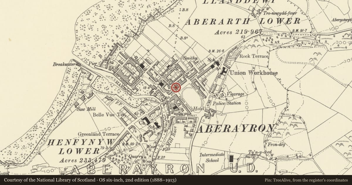Ordnance Survey six-inch map, 2nd edition (1888–1913) covering the location of 1 Alban Square, Aberaeron, Ceredigion, with a pin at the register's coordinates