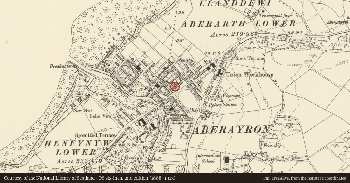 Ordnance Survey six-inch map, 2nd edition (1888–1913) covering the location of 3 Alban Square, Aberaeron, Ceredigion, with a pin at the register's coordinates