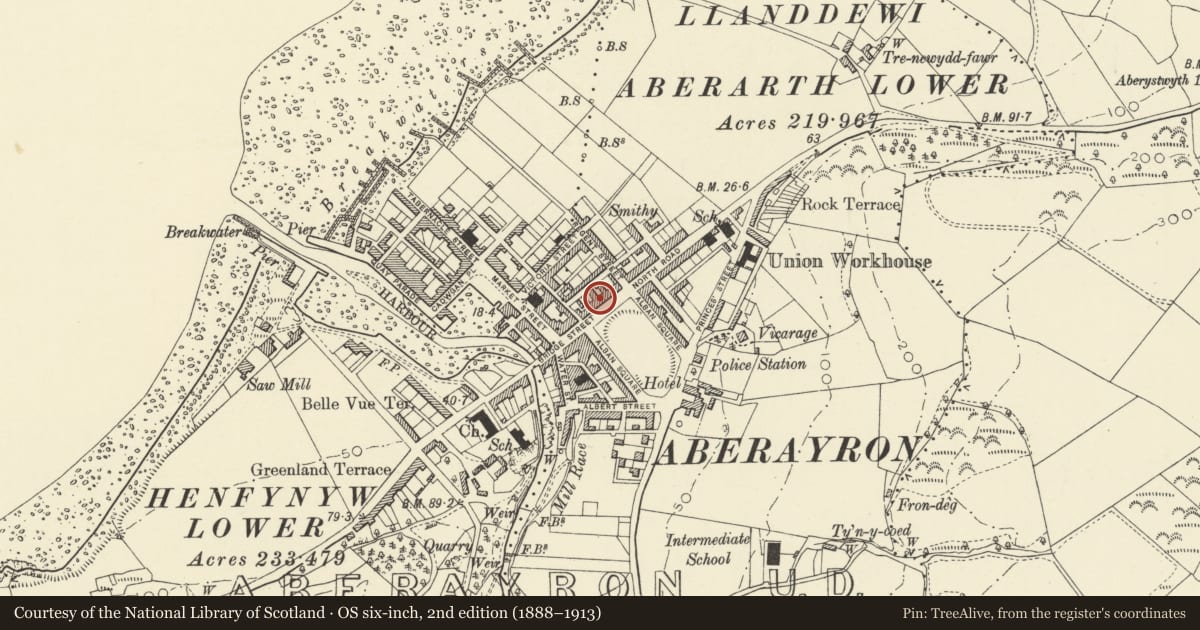 Ordnance Survey six-inch map, 2nd edition (1888–1913) covering the location of 4 Alban Square, Aberaeron, Ceredigion, with a pin at the register's coordinates