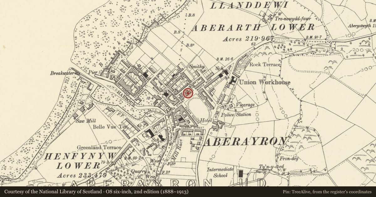 Ordnance Survey six-inch map, 2nd edition (1888–1913) covering the location of 5 Alban Square, Aberaeron, Ceredigion, with a pin at the register's coordinates