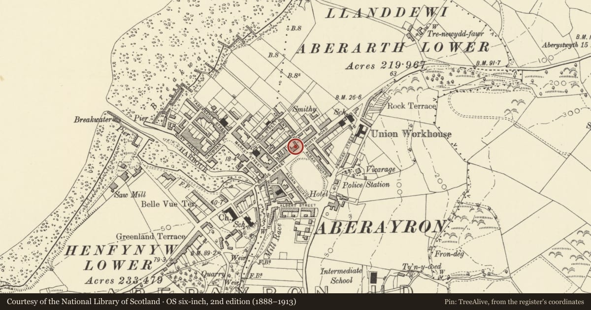 Ordnance Survey six-inch map, 2nd edition (1888–1913) covering the location of 7 Alban Square, Aberaeron, Ceredigion, with a pin at the register's coordinates