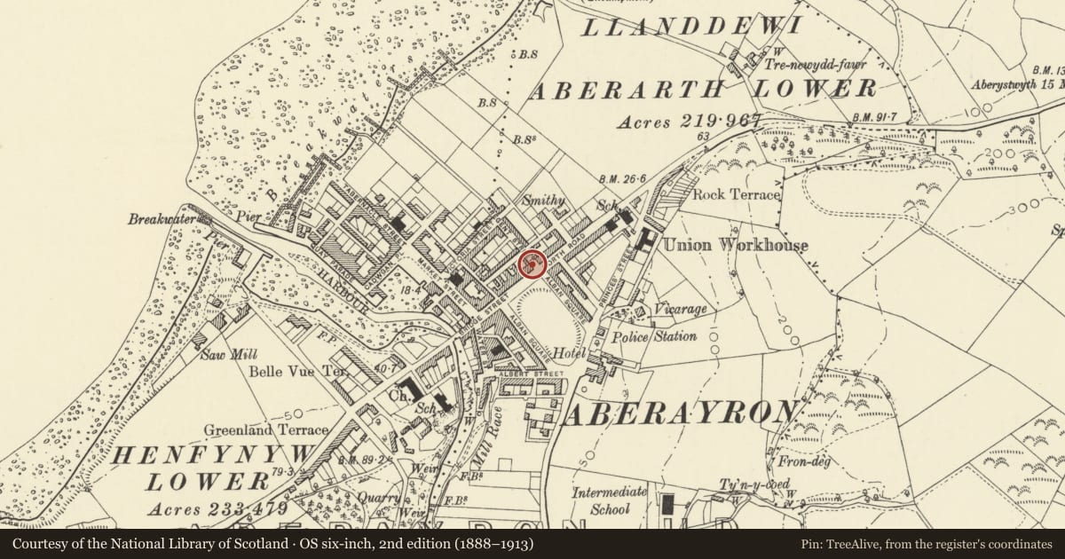 Ordnance Survey six-inch map, 2nd edition (1888–1913) covering the location of 8 Alban Square, Aberaeron, Ceredigion, with a pin at the register's coordinates