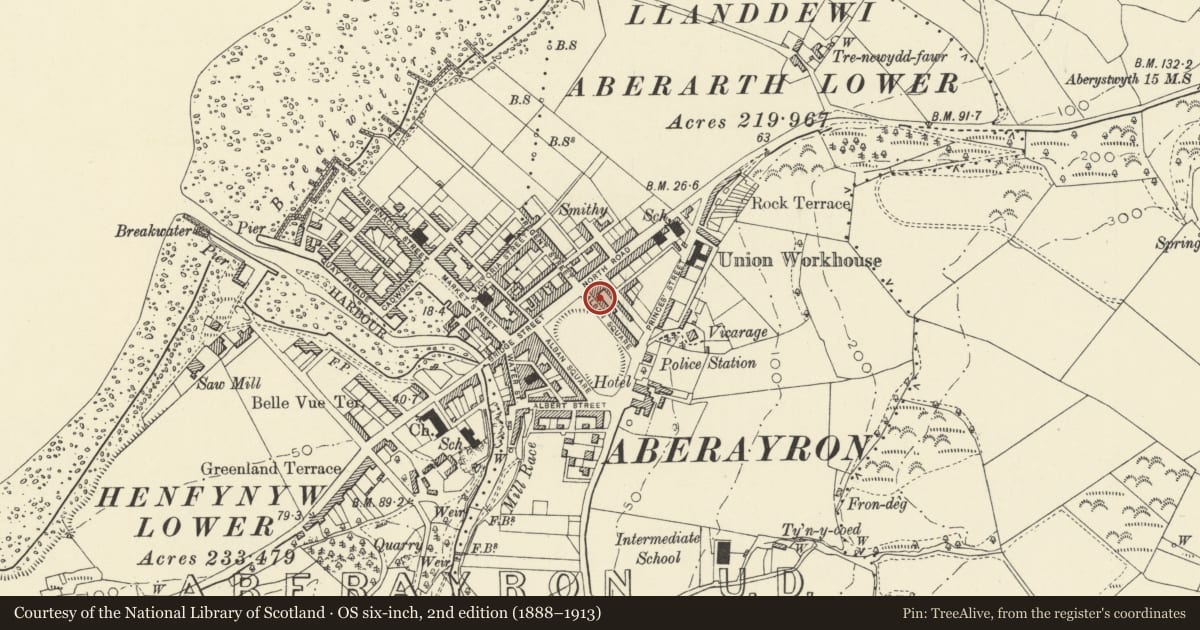 Ordnance Survey six-inch map, 2nd edition (1888–1913) covering the location of 12 Alban Square, Aberaeron, Ceredigion, with a pin at the register's coordinates