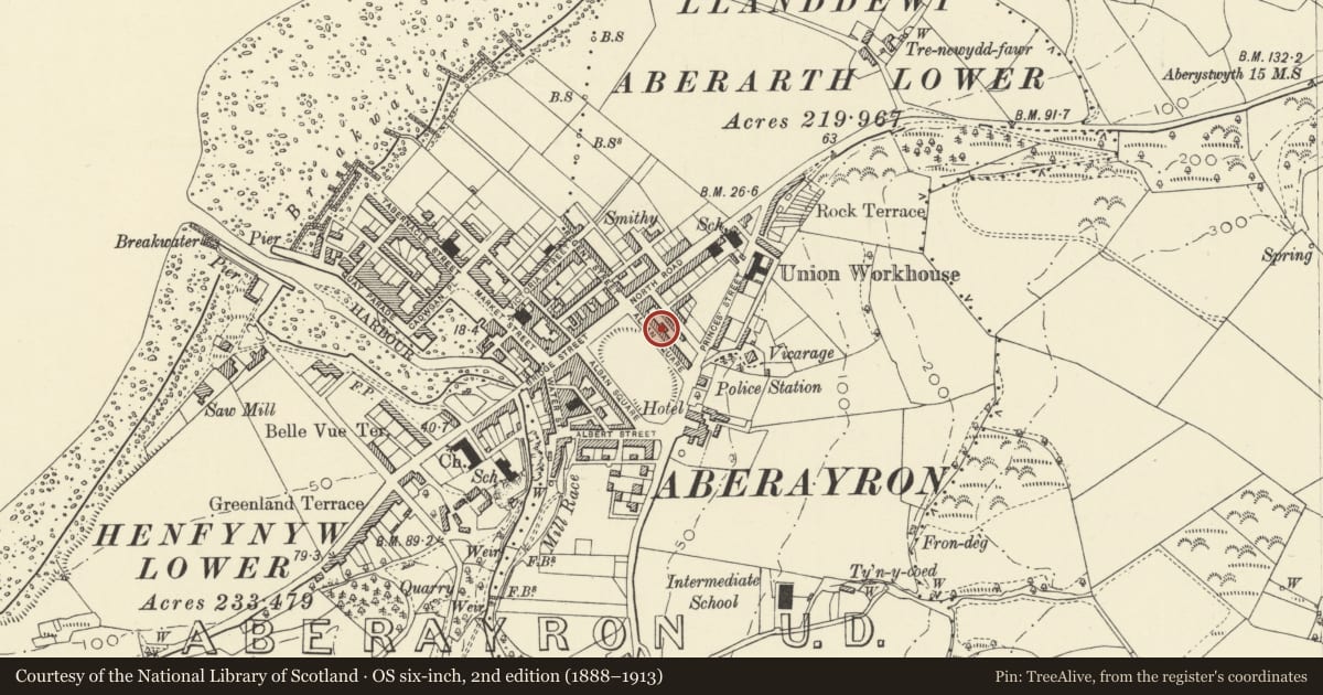 Ordnance Survey six-inch map, 2nd edition (1888–1913) covering the location of 15 Alban Square, Aberaeron, Ceredigion, with a pin at the register's coordinates