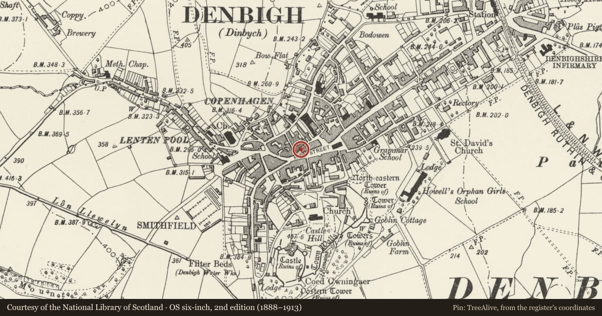 Ordnance Survey six-inch map, 2nd edition (1888–1913) covering the location of Sun Flower Chop Suey House, Denbigh, Denbighshire, with a pin at the register's coordinates