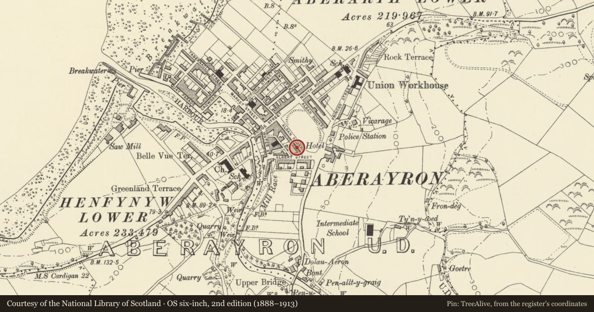 Ordnance Survey six-inch map, 2nd edition (1888–1913) covering the location of 25 Alban Square, Aberaeron, Ceredigion, with a pin at the register's coordinates