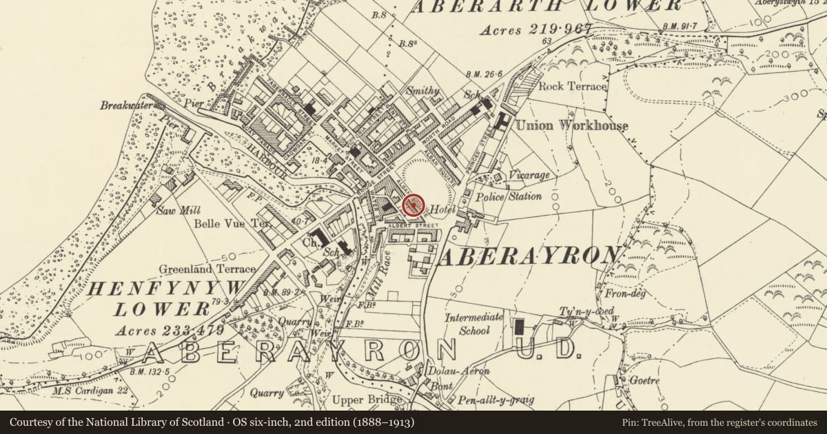 Ordnance Survey six-inch map, 2nd edition (1888–1913) covering the location of 27 Alban Square, Aberaeron, Ceredigion, with a pin at the register's coordinates