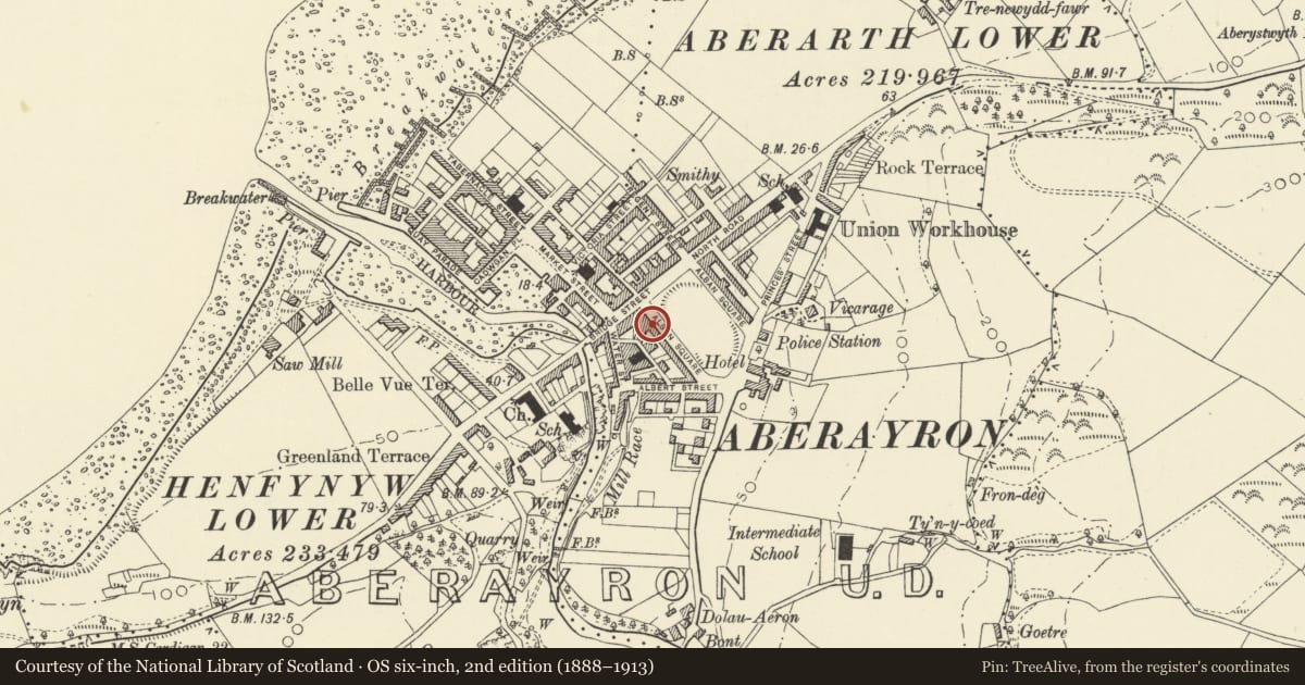 Ordnance Survey six-inch map, 2nd edition (1888–1913) covering the location of 33 Alban Square, Aberaeron, Ceredigion, with a pin at the register's coordinates