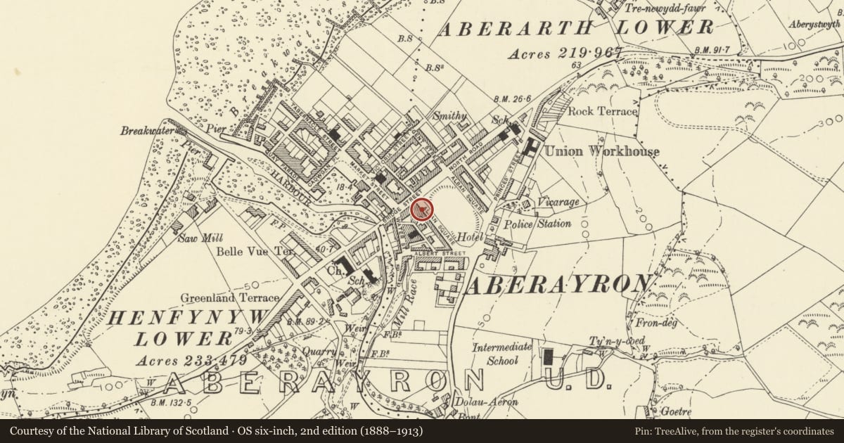 Ordnance Survey six-inch map, 2nd edition (1888–1913) covering the location of 34 Alban Square, Aberaeron, Ceredigion, with a pin at the register's coordinates