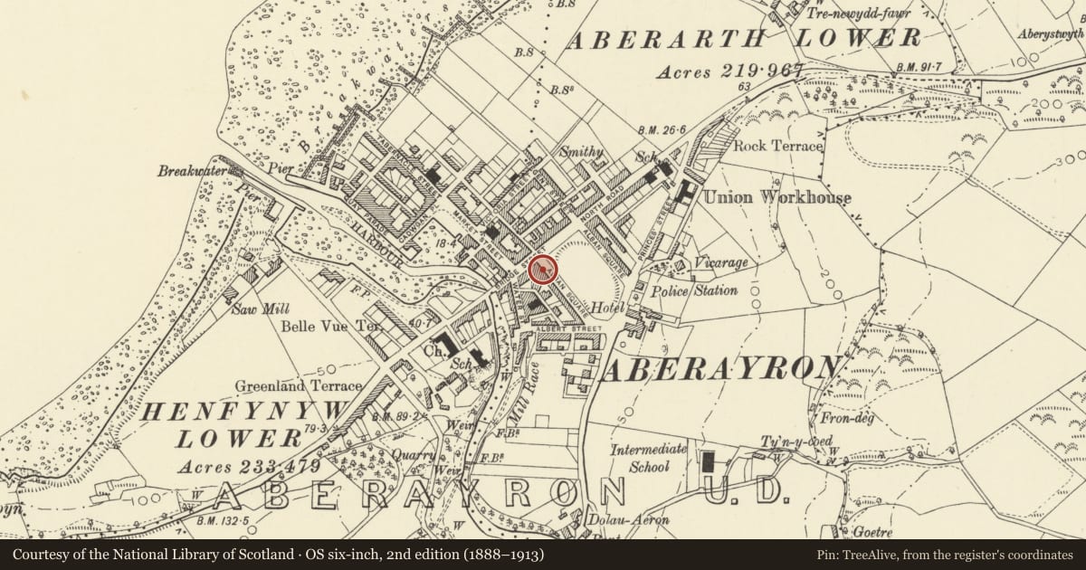 Ordnance Survey six-inch map, 2nd edition (1888–1913) covering the location of 35 Alban Square, Aberaeron, Ceredigion, with a pin at the register's coordinates