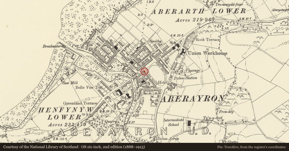 Ordnance Survey six-inch map, 2nd edition (1888–1913) covering the location of 36 Alban Square, Aberaeron, Ceredigion, with a pin at the register's coordinates