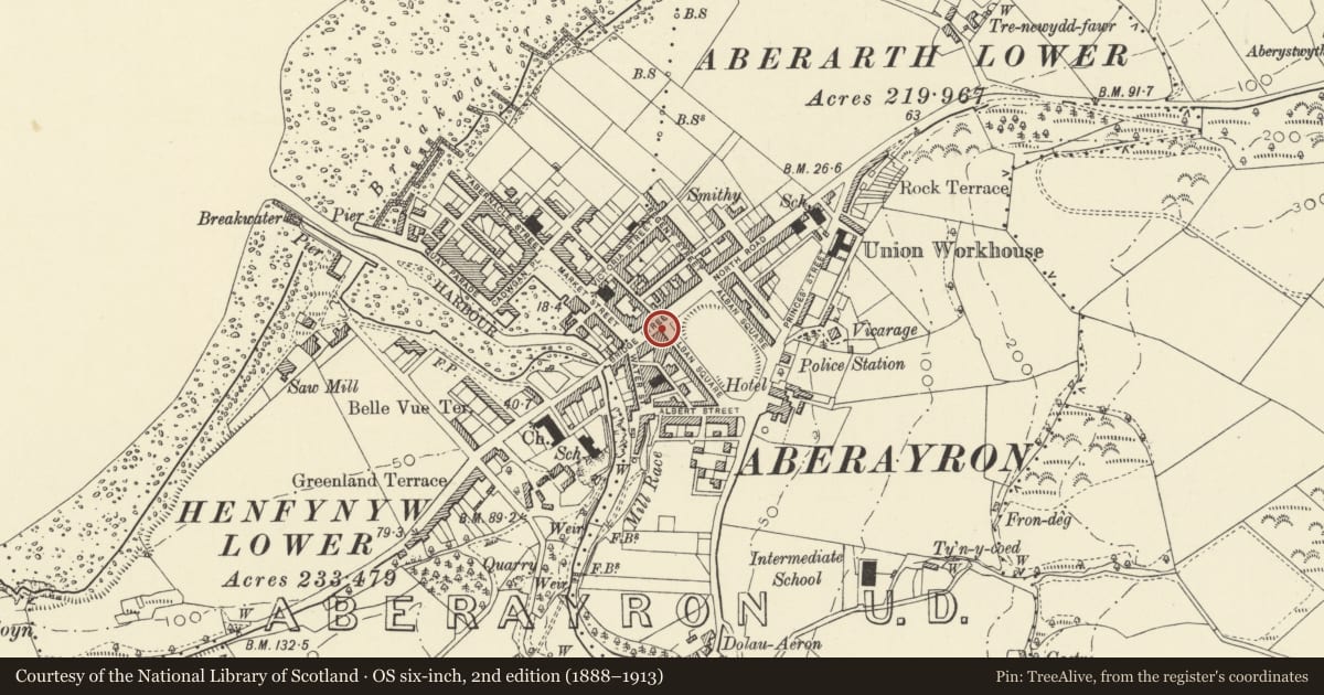 Ordnance Survey six-inch map, 2nd edition (1888–1913) covering the location of 37 Alban Square, Aberaeron, Ceredigion, with a pin at the register's coordinates