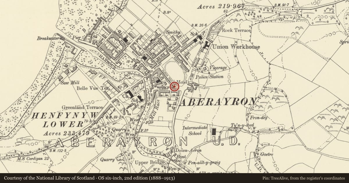 Ordnance Survey six-inch map, 2nd edition (1888–1913) covering the location of Birmingham House, Aberaeron, Ceredigion, with a pin at the register's coordinates
