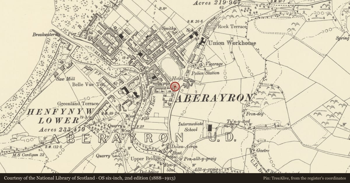 Ordnance Survey six-inch map, 2nd edition (1888–1913) covering the location of Compton House (Including A M Garden Service and Family Video Centre, Aberaeron, Ceredigion, with a pin at the register's coordinates