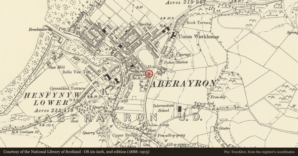 Ordnance Survey six-inch map, 2nd edition (1888–1913) covering the location of 10 Albert Street, Aberaeron, Ceredigion, with a pin at the register's coordinates