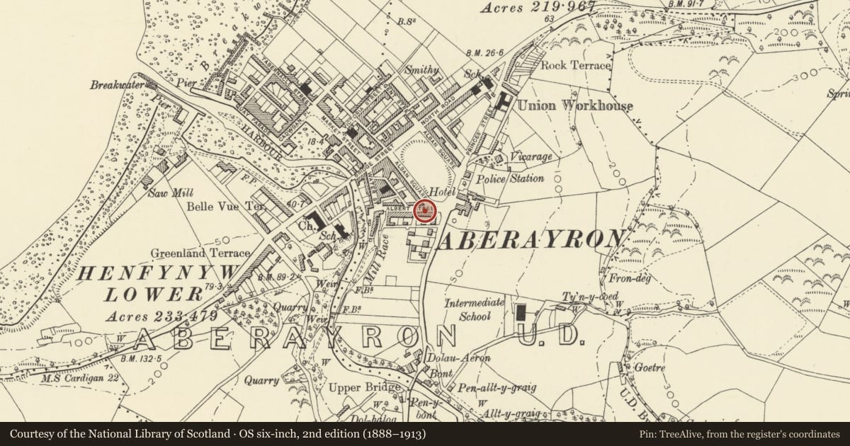 Ordnance Survey six-inch map, 2nd edition (1888–1913) covering the location of 12 Albert Street, Aberaeron, Ceredigion, with a pin at the register's coordinates