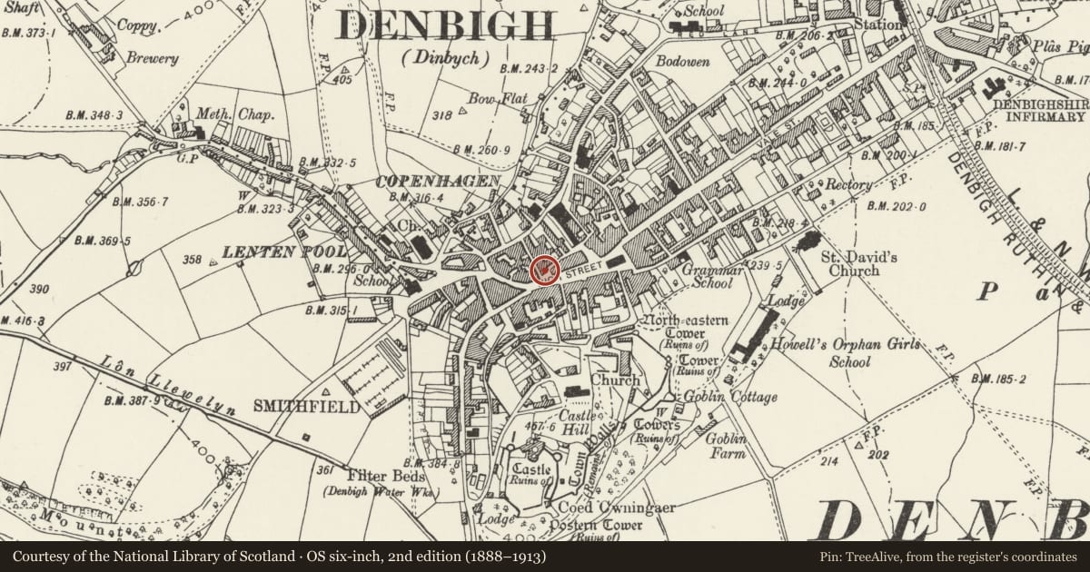 Ordnance Survey six-inch map, 2nd edition (1888–1913) covering the location of Alwyn Thomas Bakery, Denbigh, Denbighshire, with a pin at the register's coordinates