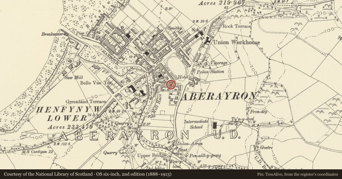 Ordnance Survey six-inch map, 2nd edition (1888–1913) covering the location of 14 Albert Street, Aberaeron, Ceredigion, with a pin at the register's coordinates
