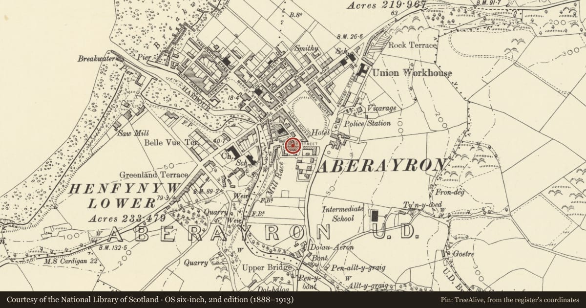 Ordnance Survey six-inch map, 2nd edition (1888–1913) covering the location of 17 Albert Street, Aberaeron, Ceredigion, with a pin at the register's coordinates